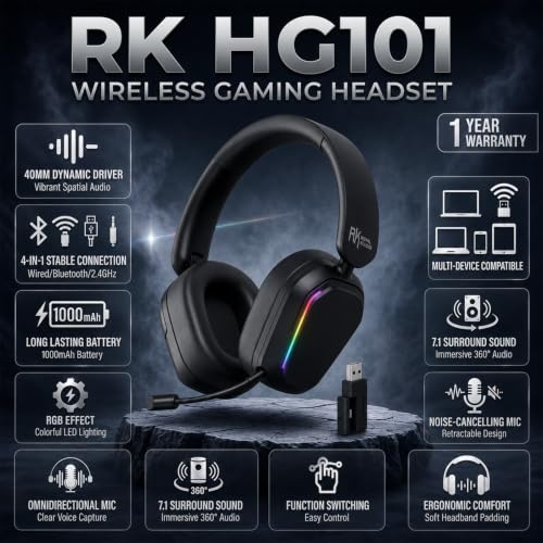 RK ROYAL KLUDGE HG101 V2 Wireless Gaming Headset, 2.4G/Bluetooth 6.0/3.5mm Wired Headphones, 7.1 Surround Sound, 40mm Drivers, Memory Foam Cushions, Works with Xbox, PS4/5, PC, Switch, Black - color: Black