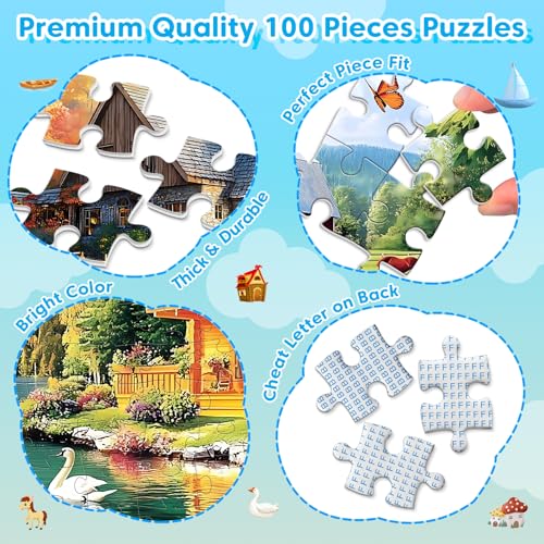 100 Piece Puzzles - 4 Themed Landscapes Large Piece Puzzles for Senior Adults Kids Puzzle Ages 5-8 Jigsaw Puzzle for Kids Ages 4-6 6-8 8-10 Year Old Educational Toys for Girls Boys 4-Pack - style: Swan Lake Autumn Forest Cabin Lighthouse