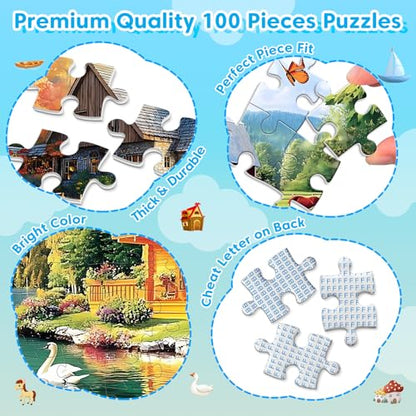 100 Piece Puzzles - 4 Themed Landscapes Large Piece Puzzles for Senior Adults Kids Puzzle Ages 5-8 Jigsaw Puzzle for Kids Ages 4-6 6-8 8-10 Year Old Educational Toys for Girls Boys 4-Pack - style: Swan Lake Autumn Forest Cabin Lighthouse
