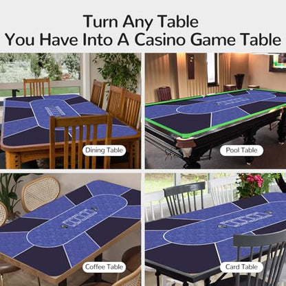 70 x 35 Inch Poker Mat for Table, Texas Hold'em Poker Table Top Mat with Carrying Bag, Waterproof Anti-Slip Rubber Blackjack Mat for Home Game Nights Up to 8 Players - color: 70 X 35 Inch Blue
