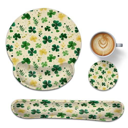 St. Patrick's Day Ergonomic Memory Foam Wrist Rest Set for Keyboard and Mouse,Four-Leaf Clover Supportive Mouse Pad with Non Slip Base for Office Work and Gaming - color: St. Patrick's Day Four-leaf Clover