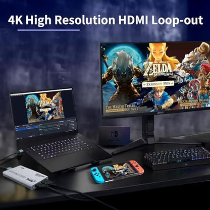 4K HDMI Video Capture Card with Loop-Out, USB 3.0, 1080P 60FPS/2K 30FPS, Audio & Video Streaming Capture Device for PS5, Switch, Camera, PC, Compatible with OBS