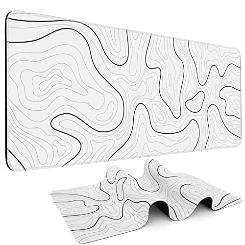 DIGSOM Mouse Pad Gaming, White with Black Topographic Line, 31.5x11.8in | XL Mouse mat, Smooth surface, Anti-slip rubber base, For keyboard and mouse, For home and office use - color: White with Black Line