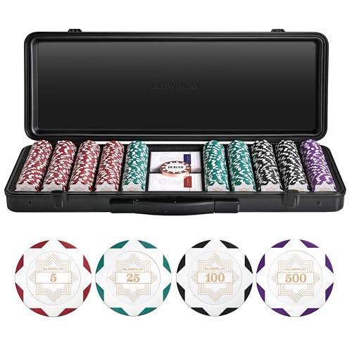 SLOWPLAY Nash Clay Poker Set, 14g&40mm Poker Chips for Texas Hold'em | White Gold Edition; 500 pcs Numbered Core Set; premium case with PC Shell; clay composite poker chips; Art Deco style - color: White Gold, size: 500PCS Numbered Core Set (5, 25, 100, 5