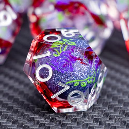 ARUOHHA Liquid Core DND Dice Set, Vampire Sharp Edged Dragons Dice Compatible with D&D RPG Role Playing Games, Resin Blood Red Polyhedral Dungeons D and D Dice with Gift Box D20 D12 D10 D8 D6 D4 - color: Rose - Silver Purple