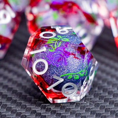 ARUOHHA Liquid Core DND Dice Set, Vampire Sharp Edged Dragons Dice Compatible with D&D RPG Role Playing Games, Resin Blood Red Polyhedral Dungeons D and D Dice with Gift Box D20 D12 D10 D8 D6 D4 - color: Rose - Silver Purple