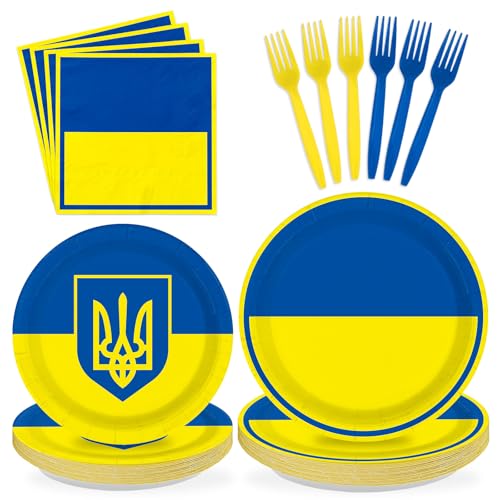 96 Pcs Ukraine Flag Themed Ukrainian Party Decorations Serves 24 | Ukrainian Paper Plates and Napkins Ukraine Themed Tableware Set for Soccer Events Country Decoration Sports Party Supplies, - style: Ukraine Themed Plates m