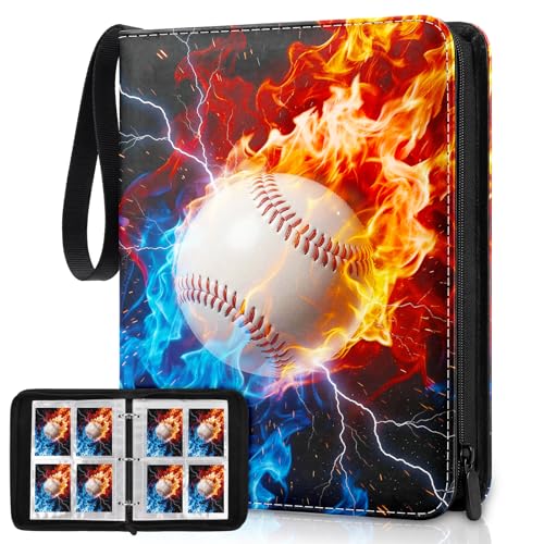 Baseball Card Binder, Sports Card Binder 4 Pocket Holds up to 400 Pockets with 50 Removable Sleeves, Zipper Baseball Cards Collection Binder for Sports & TCG Collectors - color: Flame Baseball, size: 4 pocket