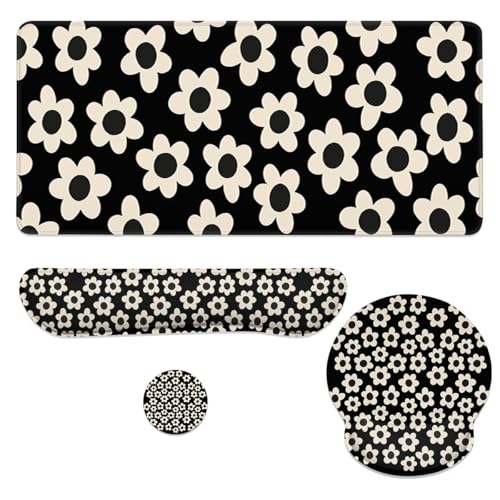 Flowers Mouse Pad Set Minimalist Retro Daisy Gaming Mousepad 4in1 Desk Mat for Desktop Wrist Support Cup Coaster Set Ergonomic Computer Desk Arm Wrist for Decor Home Office - color: Flower, size: 35.4L x 15.7W inches