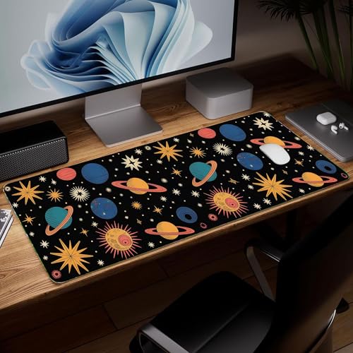 Leather Planet Desk Pad, Colorful Art Mouse Pad Large Computer Keyboard Gaming Mousepad Waterproof Desktop Protector & Cover, Decorative PU Leather Laptop Mouse Mat Home Decor 10 x 25.6 inch C110 - color: Colorful-10