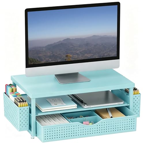 gianotter Desk Organizers and Accessories, Monitor Stand with Drawer and 2 Pen Holder, Desktop Organizer Suitable for Offices and Dormitories (Blue-Plain) - color: Blue-Plain
