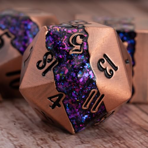 Premium Metal Dice Set for DND, 7PCS Polyhedral RPG Dice with Galaxy Glitter Inlay, Unique Metal Dice for Dungeons and Dragons Players - color: Ancient Red Copper Purple