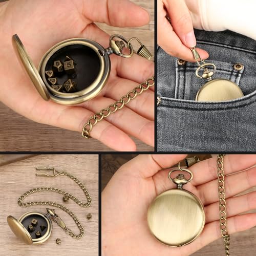 Mini DND Dice Set with Smooth Pocket Watch Shell Case, 7pcs Polyhedral Metal D&D Dice Set, D&D Gifts with Gift Box, Role Playing Board Games DND Accessories - color: Bronze