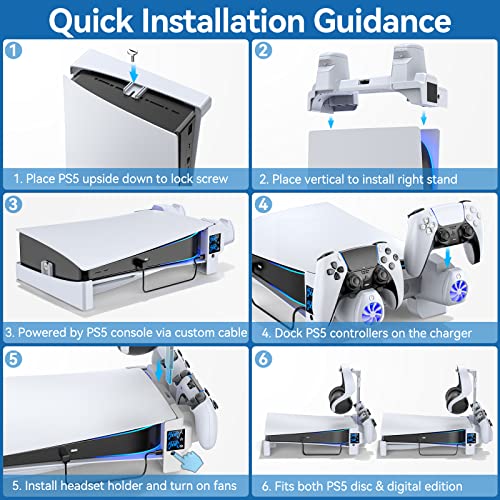Tokluck PS5 Horizontal Stand with 3-Level Cooling Fans for PlayStation 5 Console, PS5 Accessories Controller Charging Station for PS 5 Edge Controller, P5 Cooling Station (Not Fit PS 5 Slim/Pro)