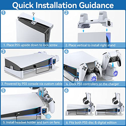 Tokluck PS5 Horizontal Stand with 3-Level Cooling Fans for PlayStation 5 Console, PS5 Accessories Controller Charging Station for PS 5 Edge Controller, P5 Cooling Station (Not Fit PS 5 Slim/Pro)