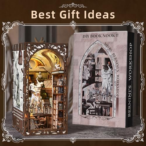 MiniCity Bernini Workshop Book Nook Kit, DIY 3D Wooden Puzzle with LED | Create a sculpture studio for display; LED lighting, glue/tools and guide included; 436 pieces, 6-8 hr build, ages 14+. - style: Bernini's Workshop
