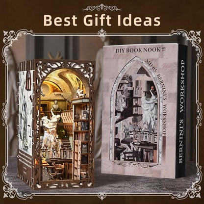MiniCity Bernini Workshop Book Nook Kit, DIY 3D Wooden Puzzle with LED | Create a sculpture studio for display; LED lighting, glue/tools and guide included; 436 pieces, 6-8 hr build, ages 14+. - style: Bernini's Workshop