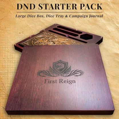 First Reign 3-in-1 DnD Dice Box, DnD Dice Tray & Journal | D&D Starter Set | DnD dice box with double rolling trays & journal | Fits 2 RPG dice sets, mini, pencil (not included) | DnD accessories & gift