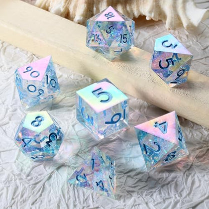 Iridescent Plating Sharp Resin Dice, DNDND 7PCS Handmade DND Sharp Edge Dice with Gorgeous Gift Case for Dungeons and Dragon Tabletop Games (Iridescent Plating Transparent) - color: Iridescent Transparent