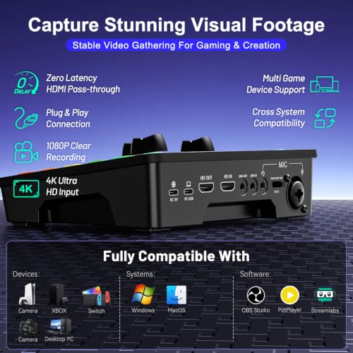 4K Video Capture Card with Audio Mixer, 1080P 60fps Streaming, 4K Zero-Latency Loop Out, XLR/48V Phantom Power, Voice Changer, RGB, 4 Faders, Plug & Play for Gaming/Podcast/Recording