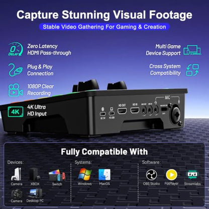 4K Video Capture Card with Audio Mixer, 1080P 60fps Streaming, 4K Zero-Latency Loop Out, XLR/48V Phantom Power, Voice Changer, RGB, 4 Faders, Plug & Play for Gaming/Podcast/Recording