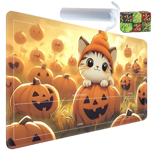 for MTG/TCG Playmat with Zones, 24 x 14 inches Trading Card Playmat with A Storage Bag and 6 Dice, Non-Lip Rubber Bottom Game Desk Mat, Halloween Cat in The Pumpkin Patch - color: Yux-playmats-2-3A-255