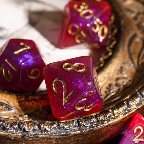 Purple Glitter DND Dice Set D&D Polyhedral Dice for Tabletop Games | Leather Storage Bag, DM Gift, for Dungeons and Dragons Role Playing Games - color: Glitter-purple&red