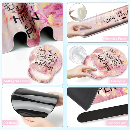 Desk Mat Set Keyboard and Mouse Pad with Wrist Rest Support | Ergonomic,Pain Relief, 4-in-1 Large Big Mousepad Computer Mats,Desk Pad Matt Mats for Desktop Home & Office - color: C1-Pink Stay Positive