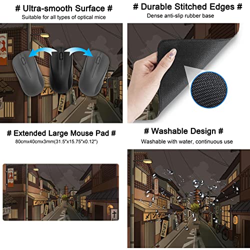 Tokyo Street at Night Kawaii Japanese XL Mouse Pad, Cute Gaming Desk Pads, Anime Large Desktop Mat, XXL Keyboard Mats, Extended Laptop Mat 31.5''X15.7'' - color: Black Brown Beige
