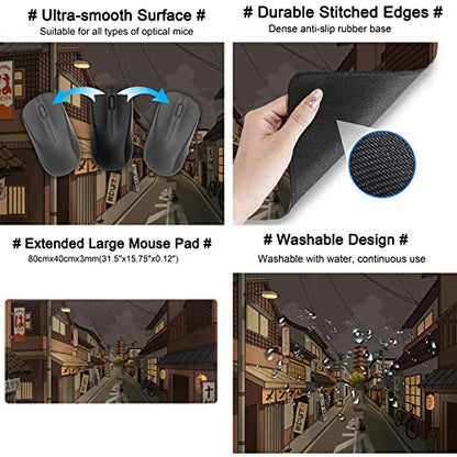 Tokyo Street at Night Kawaii Japanese XL Mouse Pad, Cute Gaming Desk Pads, Anime Large Desktop Mat, XXL Keyboard Mats, Extended Laptop Mat 31.5''X15.7'' - color: Black Brown Beige
