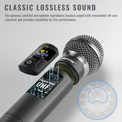 Phenyx Pro Wireless Microphone System,Metal Wireless Mic Set w/Handheld/Bodypack/Headset/Lapel Mics,2 x 30 UHF Frequencies, 200 ft Range, Cordless Mic for Singing, Karaoke, Church (PTU-52-1H1B)