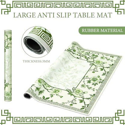 Chinoiserie Mahjong Mat with 1 Carrying Bag 31.5" x 31.5" Green and White Rubber Anti Slip and Noise Reduction Multi Purpose Game Table Cover for Mahjong, Card, Board Tile Games - color: Green