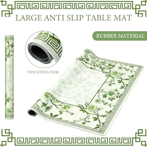 Chinoiserie Mahjong Mat with 1 Carrying Bag 31.5" x 31.5" Green and White Rubber Anti Slip and Noise Reduction Multi Purpose Game Table Cover for Mahjong, Card, Board Tile Games - color: Green