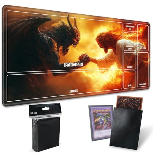 MTG Playmat with Zones, TCG Card Game Play Mat with Stitched Edges, Non-Slip Rubber Base Gaming Desk Mat, Smooth Surface 24 x 14 Inch, Jesus Christ Fight The Devil - color: Jesus Christ Fight the Devil, size: Zone 1