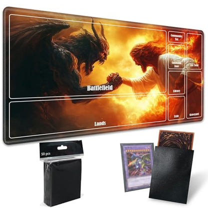 MTG Playmat with Zones, TCG Card Game Play Mat with Stitched Edges, Non-Slip Rubber Base Gaming Desk Mat, Smooth Surface 24 x 14 Inch, Jesus Christ Fight The Devil - color: Jesus Christ Fight the Devil, size: Zone 1
