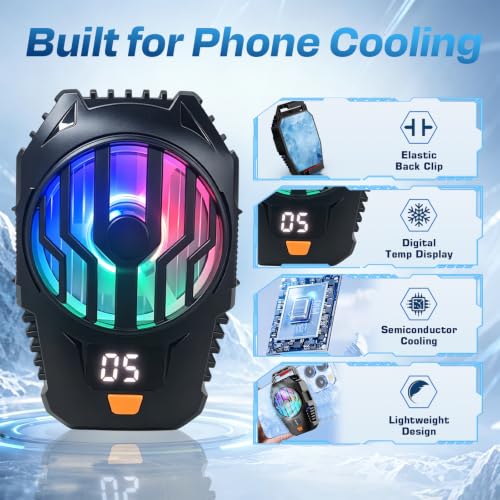 Clip-On Phone Cooler Semiconductor Cooling Fan - RGB Display Three-Speed Gaming Cell Phone Cooler Radiator for Mobile Cooling Pad Live Broadcasting Vlog Video Call