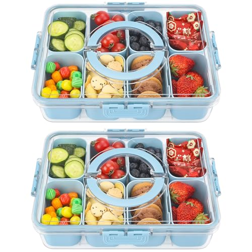 shopwithgreen 2Pcs Snackle Box Container, Divided Serving Tray with Lid and Handle, Snack Box Container Food Platter Charcuterie for Party, Veggies, Snack, Fruit, Nuts, Entertaining, Picnic,Blue - color: Blue, size: 8 Compartments-2pcs