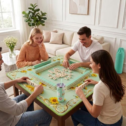 Green Mahjong Mat for Table & 50PCS Stickers| Carrying Bag, Heavy Floral Mahjong Mats& 2 Dices, Noise Reduction Non Slip Foldable, 31.5x31.5 Game Table Cover, for Playing Card, Board Tile Games - color: Green