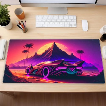 Synthwave Desk Mat, Retro Car XXL Large Gaming Mouse Pad 31.5x15.7 in | Neon cyberpunk car desk pad with soft 3mm cushion, smooth textile surface, and steady non-slip rubber core. - color: Futuristic Neon City