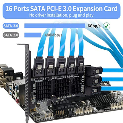 PCIe SATA 16 Port Expansion Card - 6 Gbps SATA 3.0 Controller, Low Profile Bracket, Supports 16 SATA3 Devices, Compatible with Windows, MAC, Linux - color: PCIE SATA 16 port