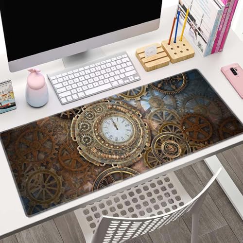 Gaming Mouse Pad, XL Extended Computer Keyboard Long Mouse Mat, Large Desk Pad for Office Laptop, Non-Slip Rubber Base with Stitched Edge Mousepad, 31.5X11.8 inch Rusty Steampunk with Clock - color: Rusty Steampunk With Clock