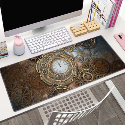 Gaming Mouse Pad, XL Extended Computer Keyboard Long Mouse Mat, Large Desk Pad for Office Laptop, Non-Slip Rubber Base with Stitched Edge Mousepad, 31.5X11.8 inch Rusty Steampunk with Clock - color: Rusty Steampunk With Clock
