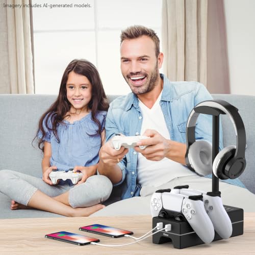 PS5 Controller Charger with USB Charging Port and AC Outlet, RGB DualSense Charging Station Dock for Playstation 5 Controllers with Headphone Stand, PS5 Accessories