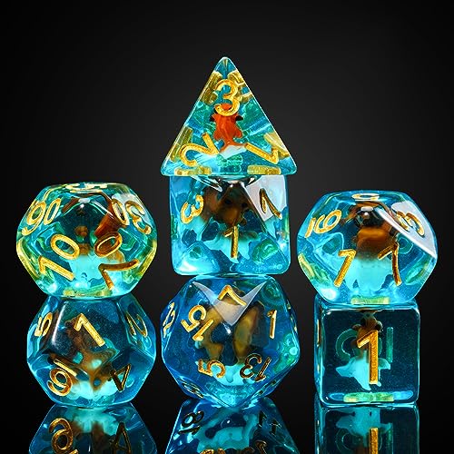 Cusdie 7-Die DND Dice, Polyhedral Dice Set Filled with Animal, for Role Playing Game D&D Dice (Red White Goldfish) - color: Red White Goldfish