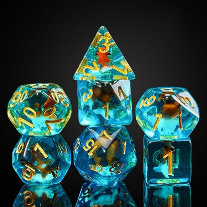 Cusdie 7-Die DND Dice, Polyhedral Dice Set Filled with Animal, for Role Playing Game D&D Dice (Red White Goldfish) - color: Red White Goldfish