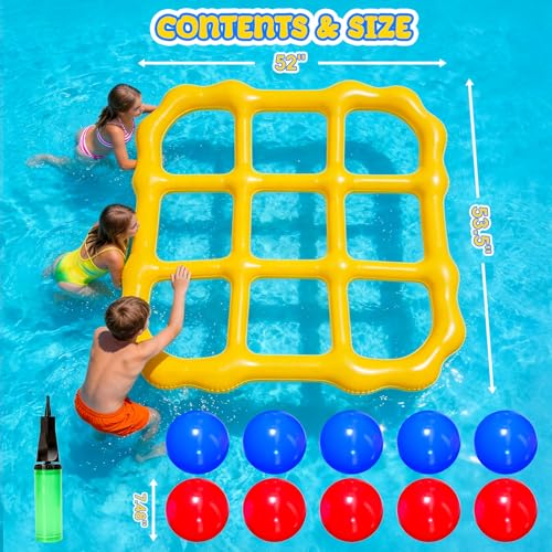 Tic-Tac-Toe Pool Toys Game Set, Giant Inflatable Floating Board Set with 10 Balls, Pool Toys Party Game for Kids Adults Teens, Summer Water Party Backyard Beach Yard Field Day Outdoor Activities | 53.5-Inch Floating Board • 10 Balls + Pump • 2–10 Players