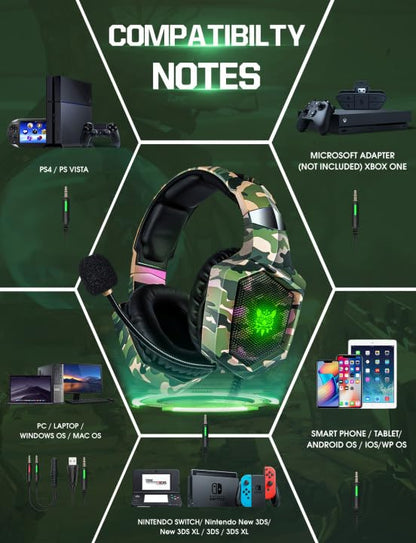 Nanddi Gaming Headset with Microphone, Gaming Headphones for PS4 PS5 Xbox One PC with LED Lights, PlayStation Headset with Noise Reduction 7.1 Surround Sound Over-Ear and Wired 3.5mm Jack (Green) - color: Camo Green