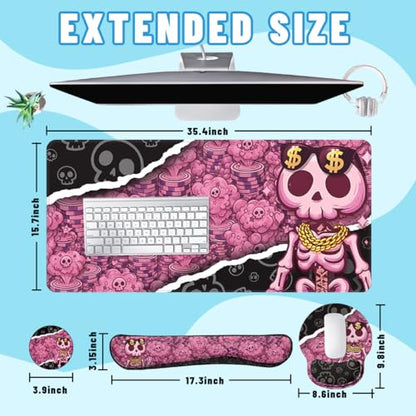 Pink Skull Desk Mat Set Cute Goth Aesthetic Large Mouse Pad with Wrist Rest 4in1 Desk Mat for Desktop Ergonomic Computer Desk Arm Wrist Anti-Slip Computer Ergonomic Mouse Pad Home Office Gaming - color: Pink Skull