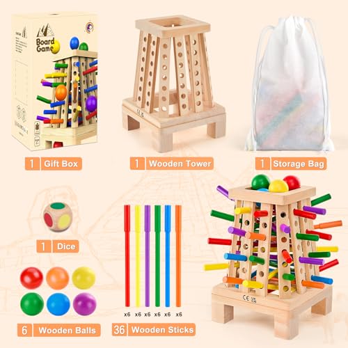 Montessori Board Game for Kids 4-6, Pyramid Wooden Sticks Dice Game | Math Educational, Fine Motor Skills Toy for 3+ Year Olds Girls Boys, Classic Table Game for Family Night