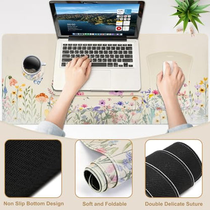 MEGREZ 4-in-1 Mouse Pad with Wrist Rest Ergonomic Memory Foam Desk Mat Set | ergonomic, anti-slip base, 4pcs set, desk pad, mouse wrist rest, keyboard rest, coaster, ideal for office & gaming - color: Light Beige